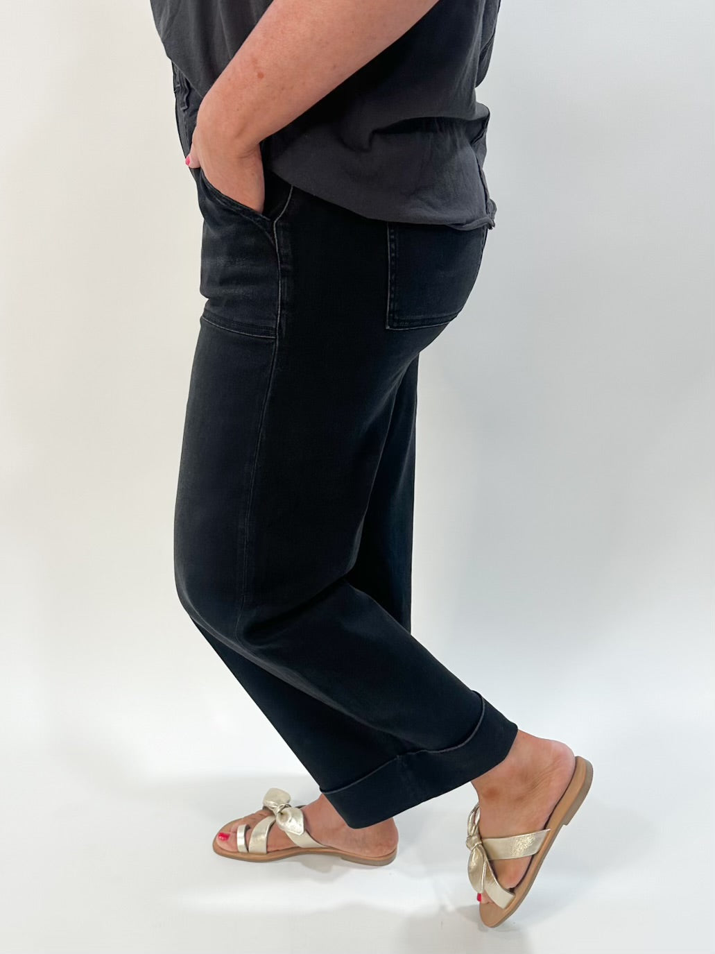 Black Cuffed Wide Denim Pants