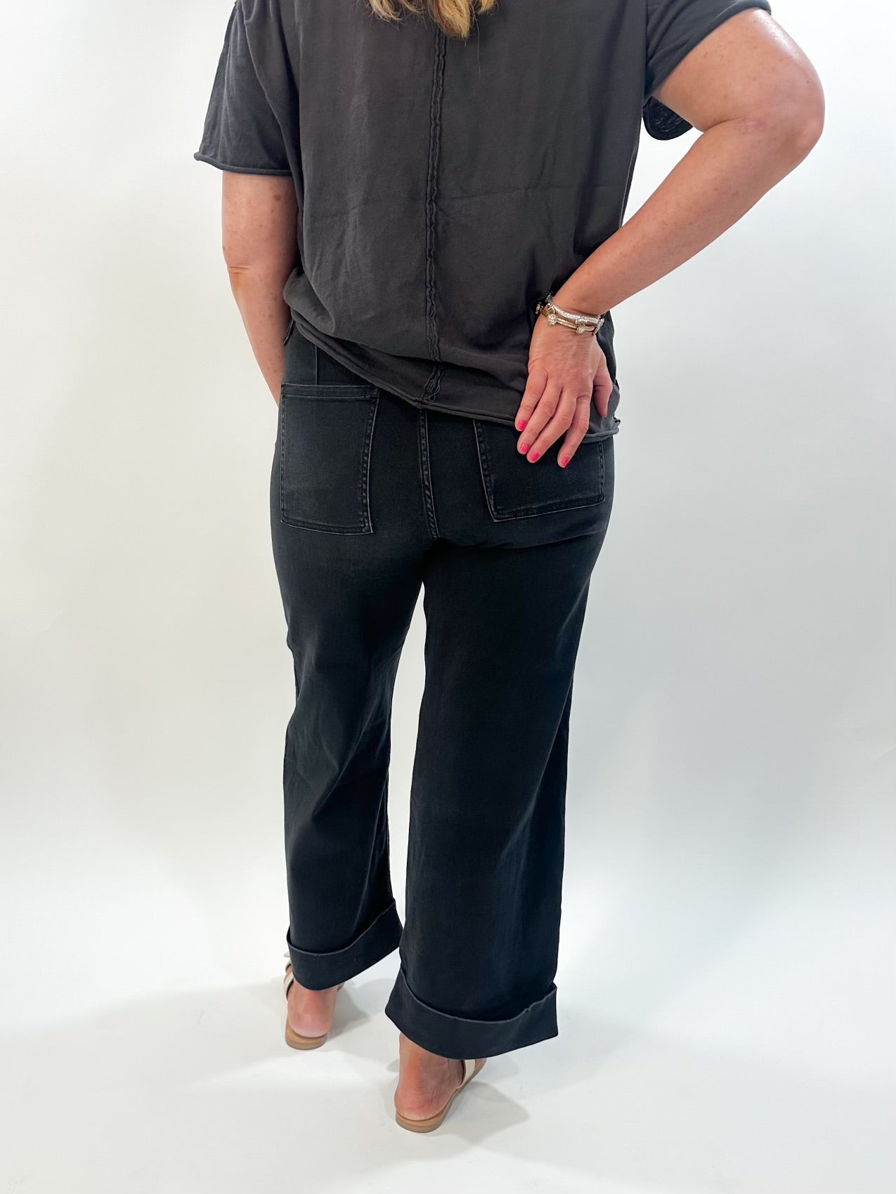 Black Cuffed Wide Denim Pants