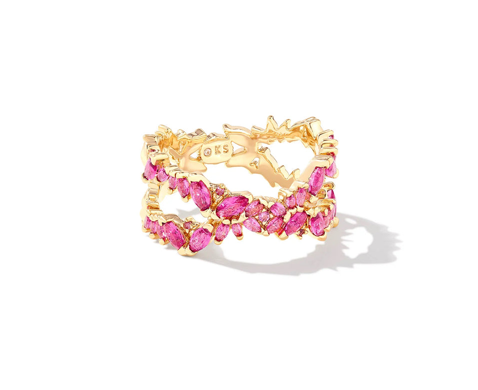 Kendra Scott Rosalie Gold Double Band Ring in Pink Crystal size 7