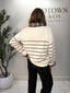 Brown Striped Sweater with Plaid Cuffs and Collar