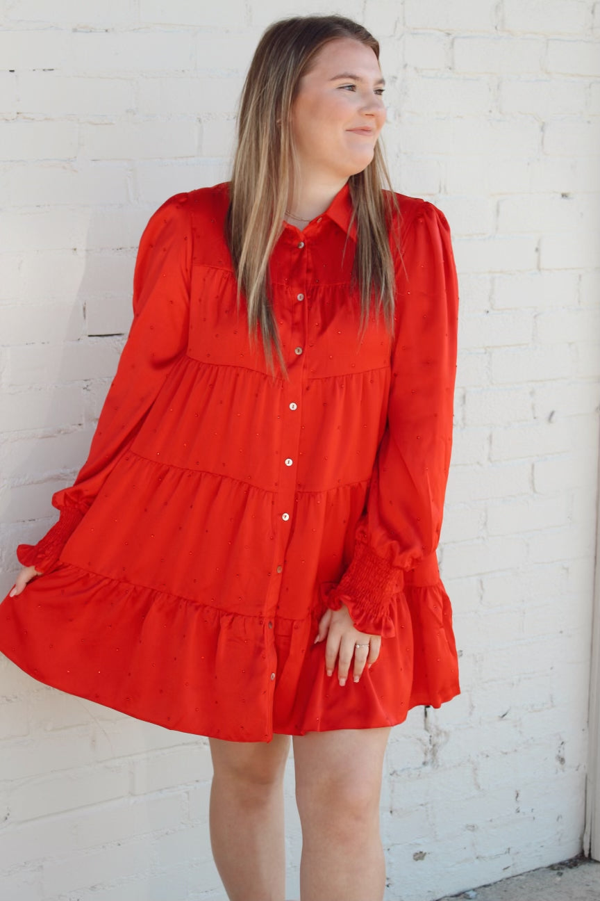 Red Silky Studded Dress