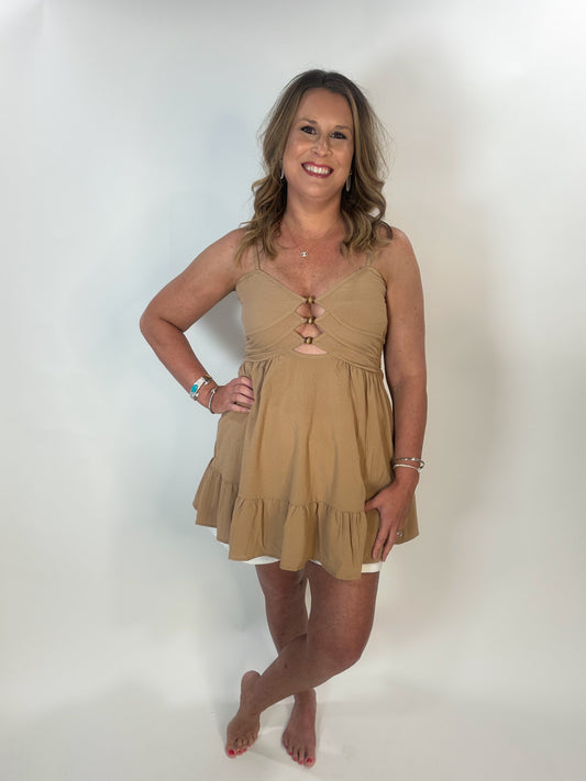 Taupe Gauze Tie Front Dress