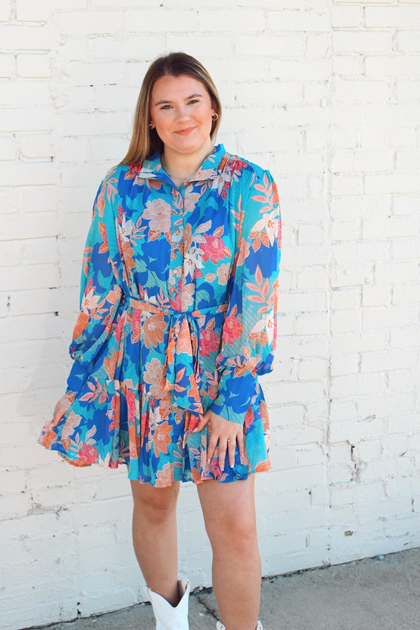 Blue Multi Floral Mock Neck Ruffle Dress