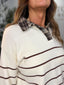 Brown Striped Sweater with Plaid Cuffs and Collar