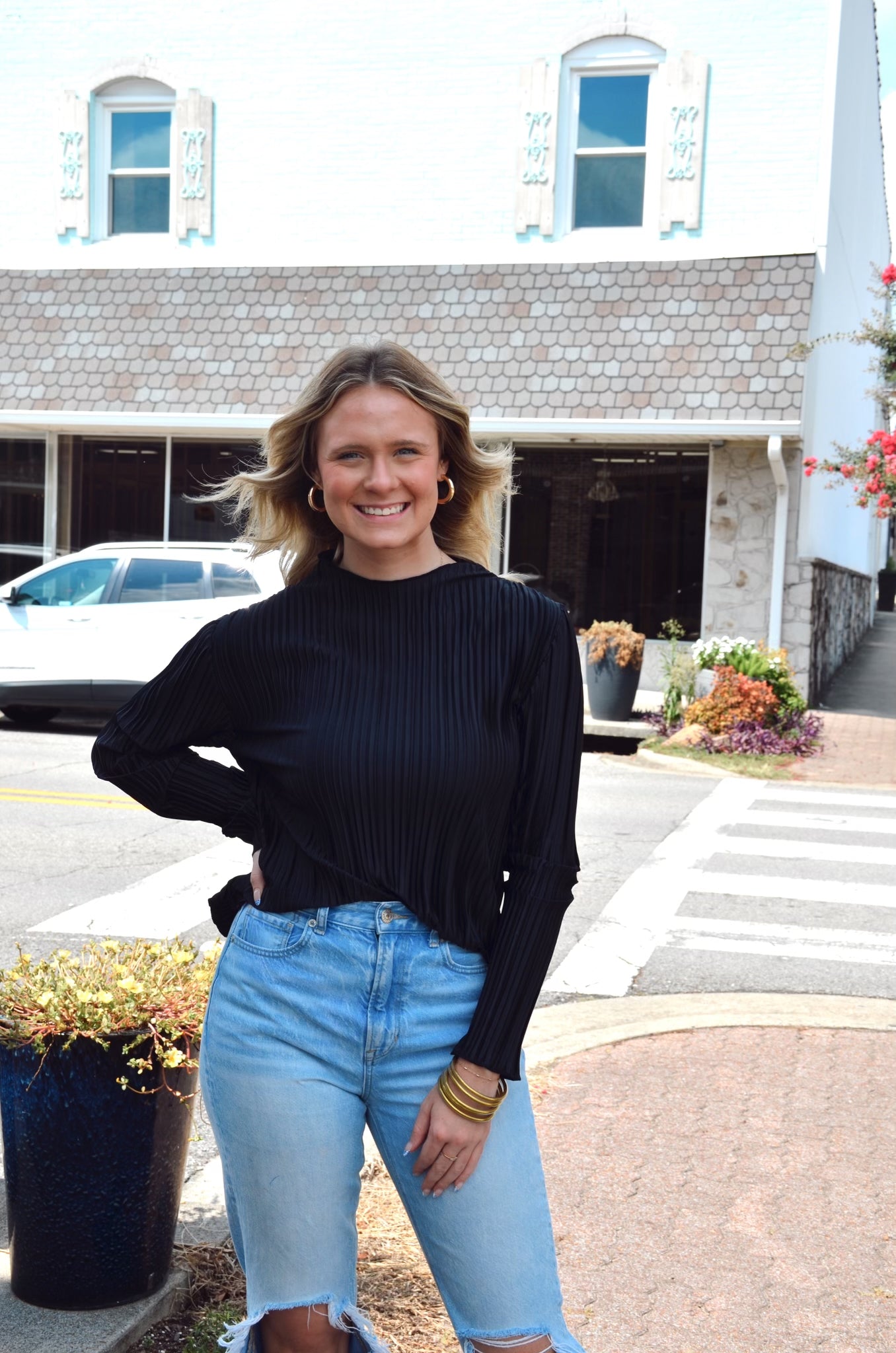 Black Pleated Long Sleeve