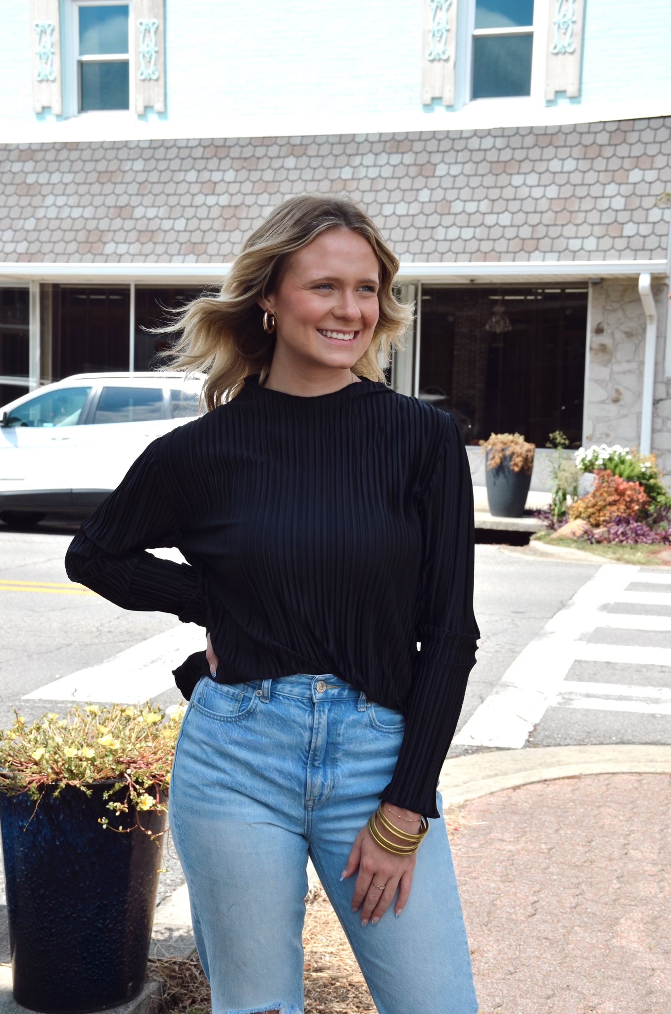 Black Pleated Long Sleeve