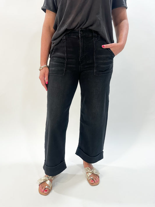 Black Cuffed Wide Denim Pants