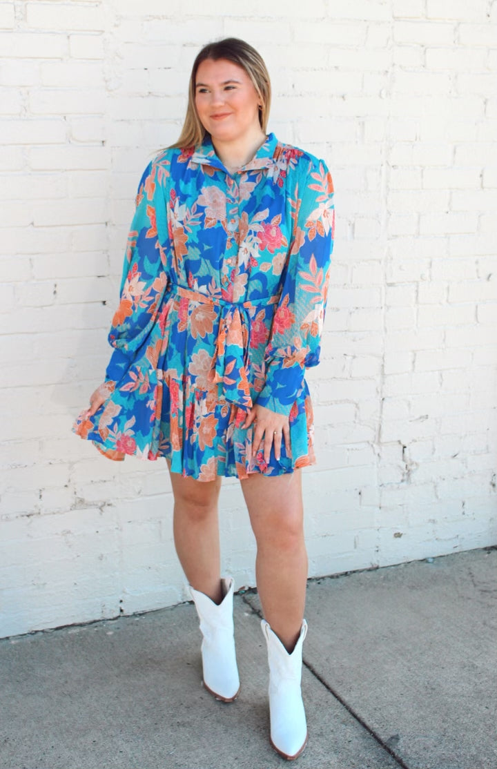 Blue Multi Floral Mock Neck Ruffle Dress