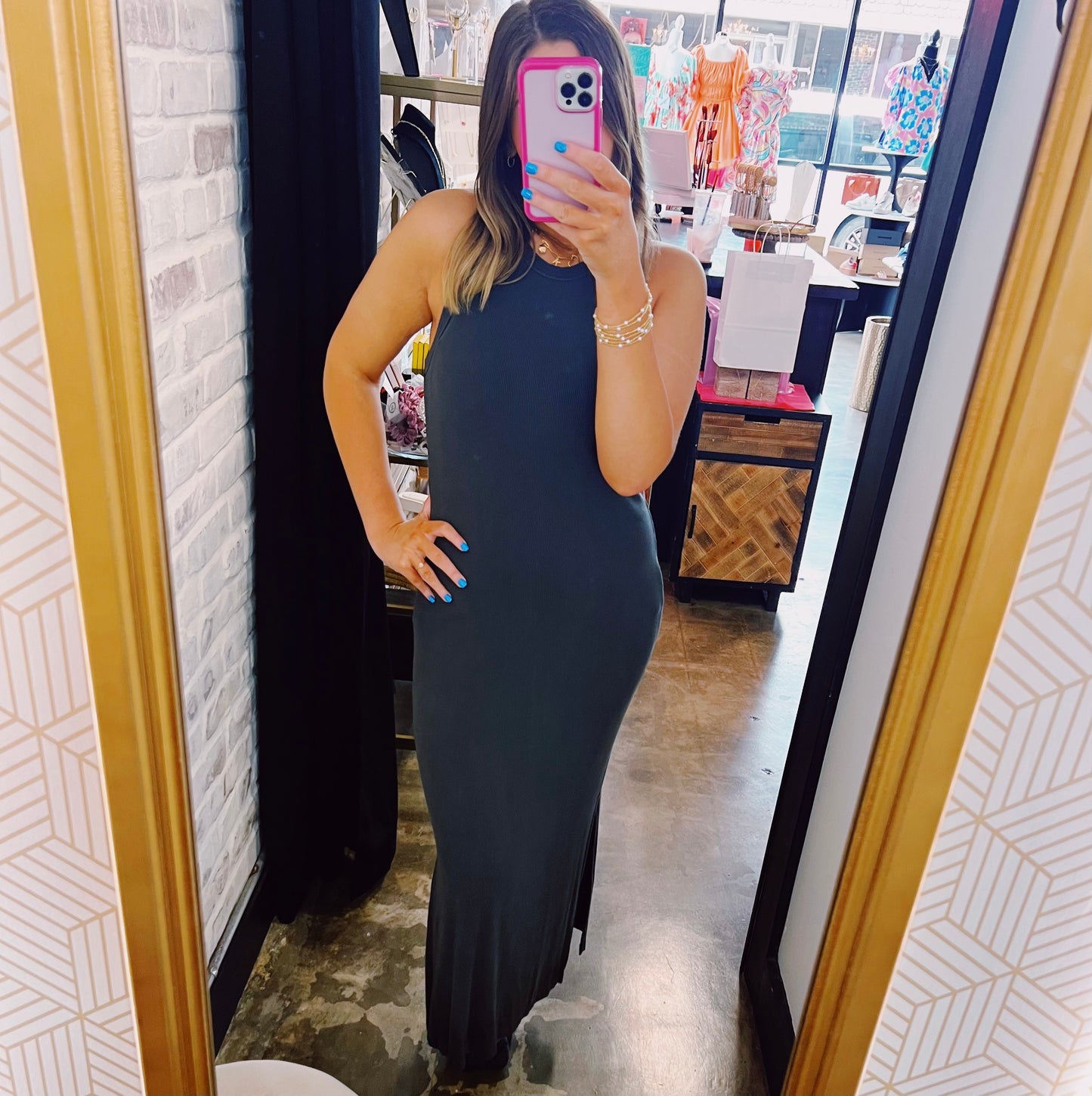 CHARCOAL RIBBED MAXI DRESS