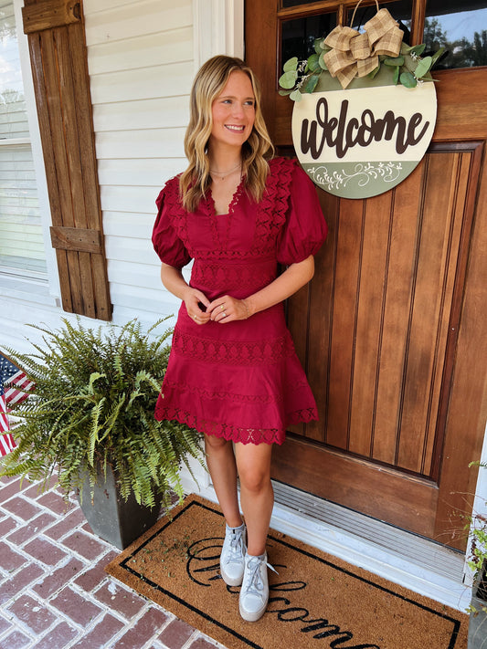 Burgundy Lace Trim Dress