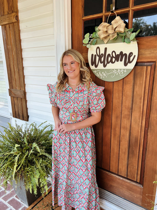 Paris Floral Peter Pan Belted Maxi Dress